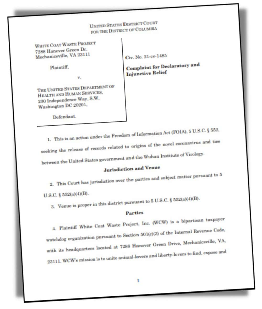 Page one of White Coat Waste project lawsuit documents