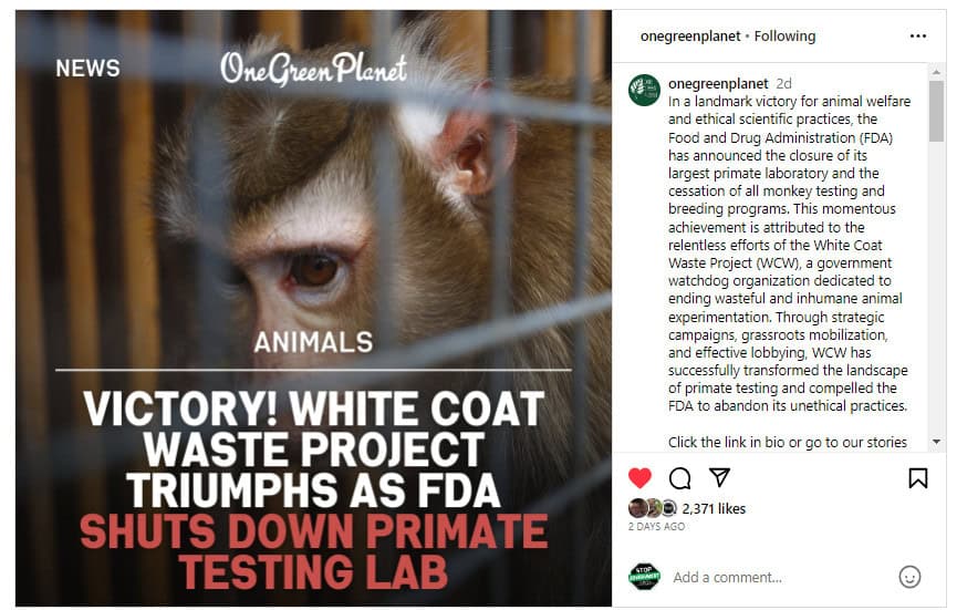 WCW ends FDA primate lab