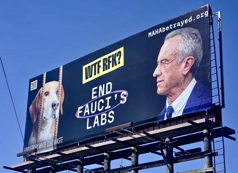 Image of a White Coat Waste billboard featuring Robert F. Kennedy Jr., a caged beagle, and text reading "WTF RFK? END FAUCI'S LABS."