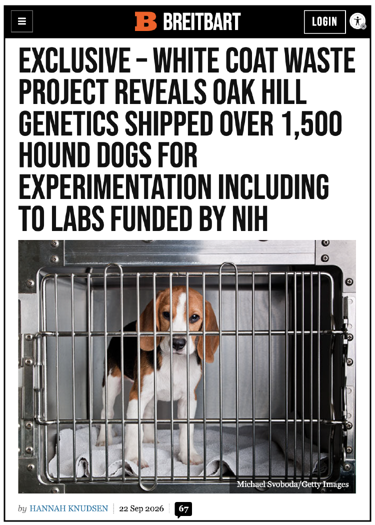 Breitbart News coverage of White Coat Waste's Oak Hill Genetics investigation
